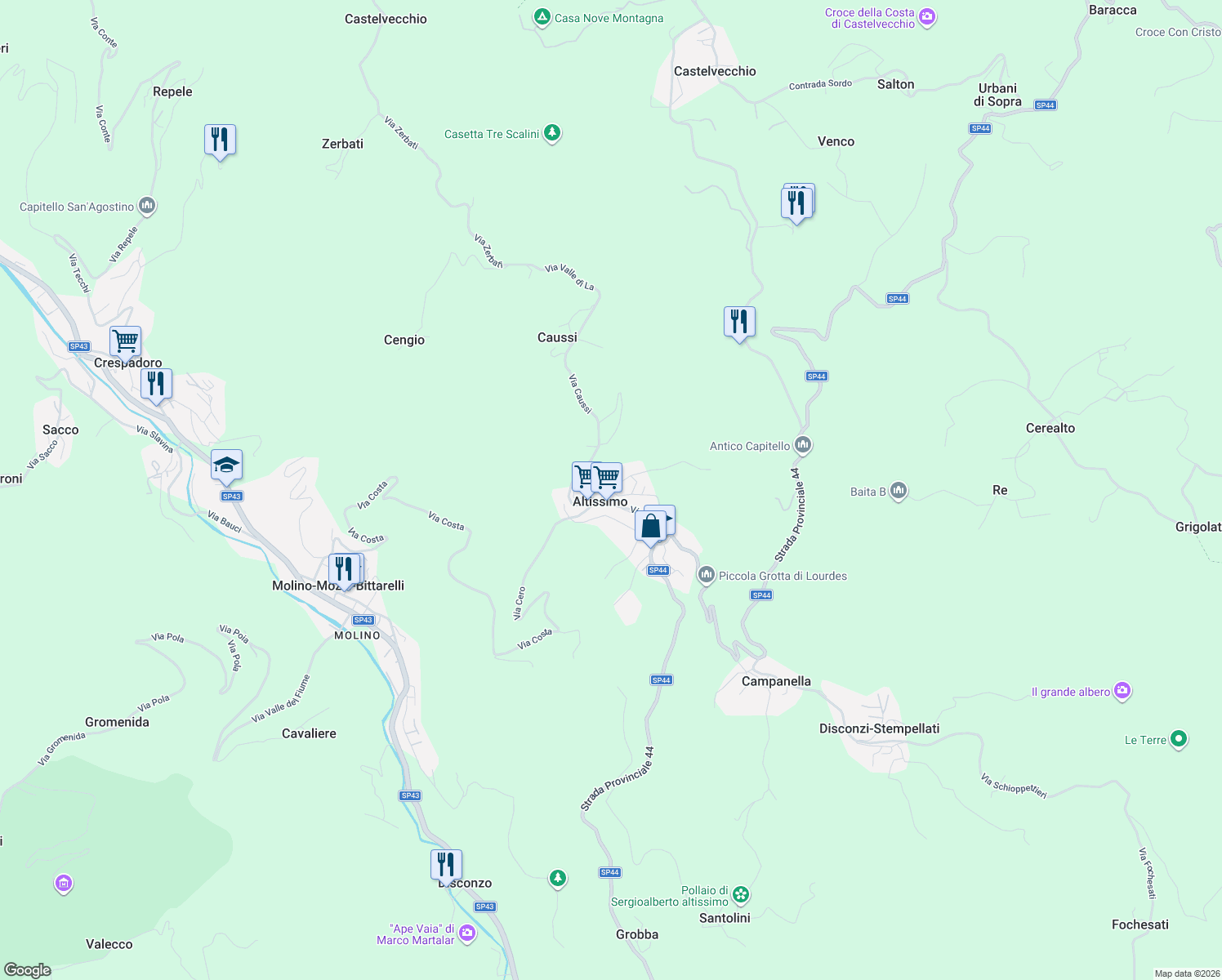map of restaurants, bars, coffee shops, grocery stores, and more near 2 Via Venezia in Altissimo