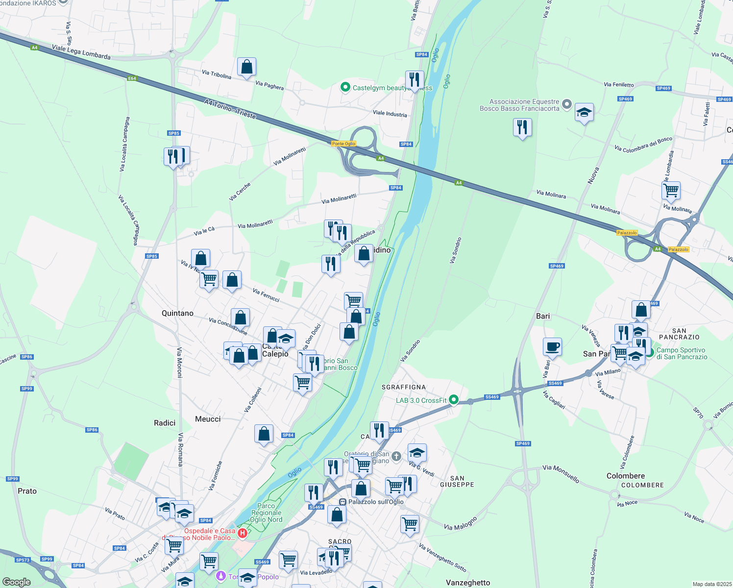 map of restaurants, bars, coffee shops, grocery stores, and more near 36 Via Carlo Curotti in Castelli Calepio