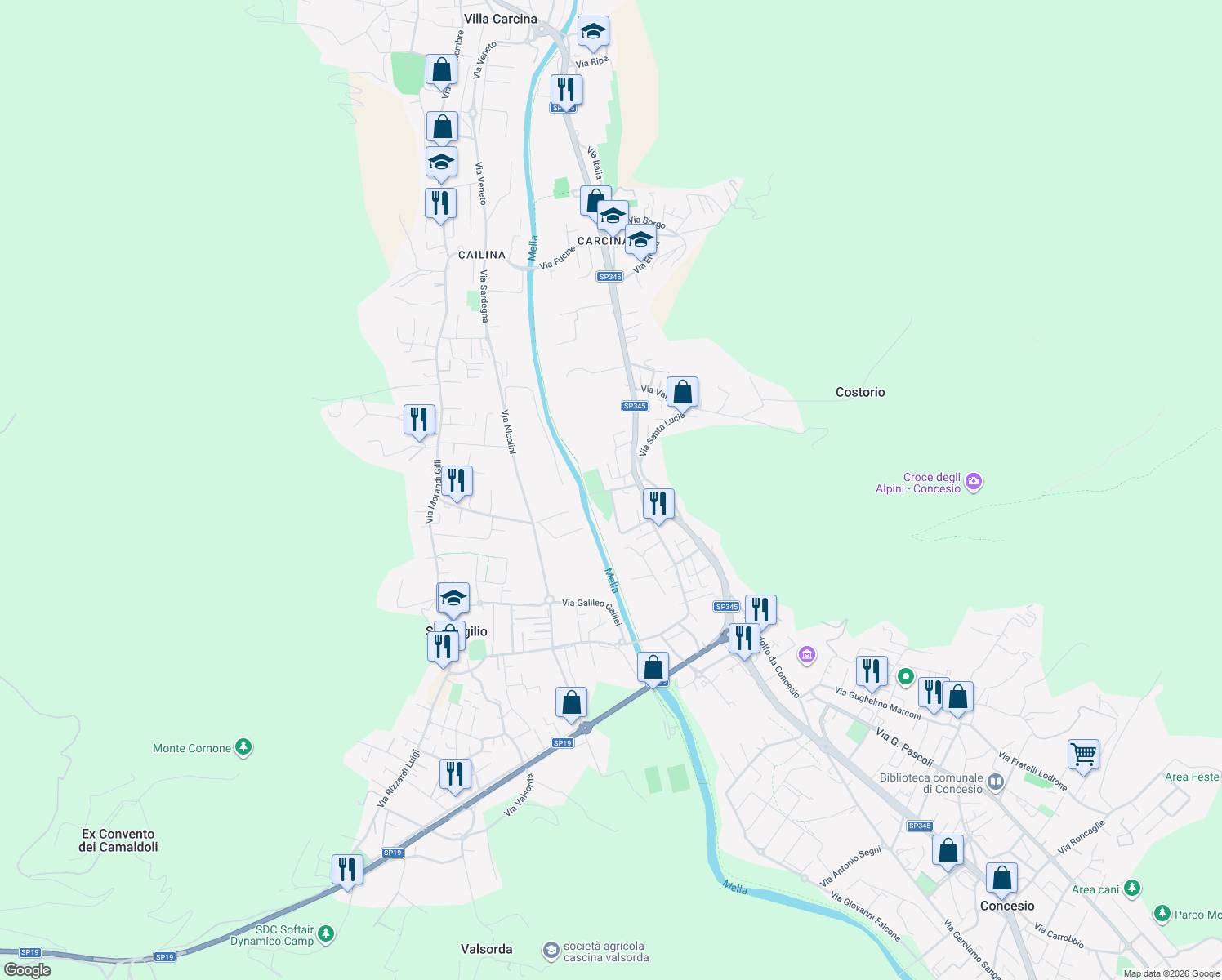 map of restaurants, bars, coffee shops, grocery stores, and more near 14 Via Santa Giulia in Concesio