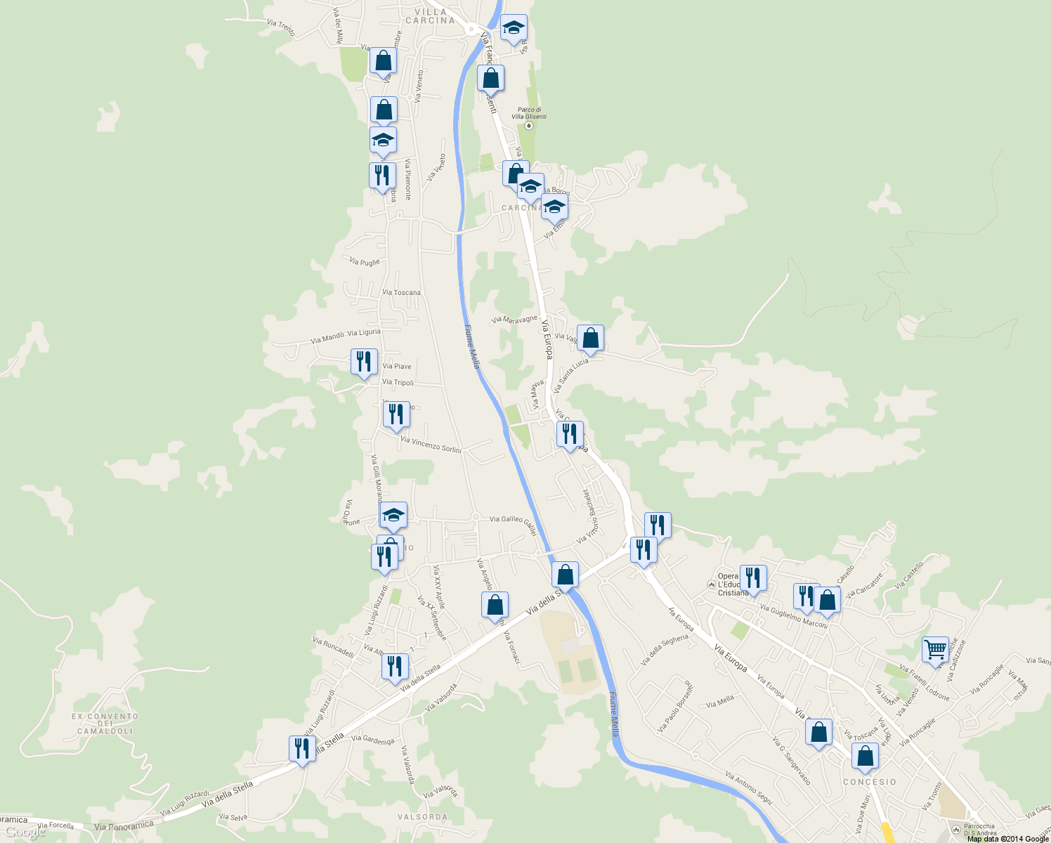 map of restaurants, bars, coffee shops, grocery stores, and more near 14 Via Santa Giulia in Concesio