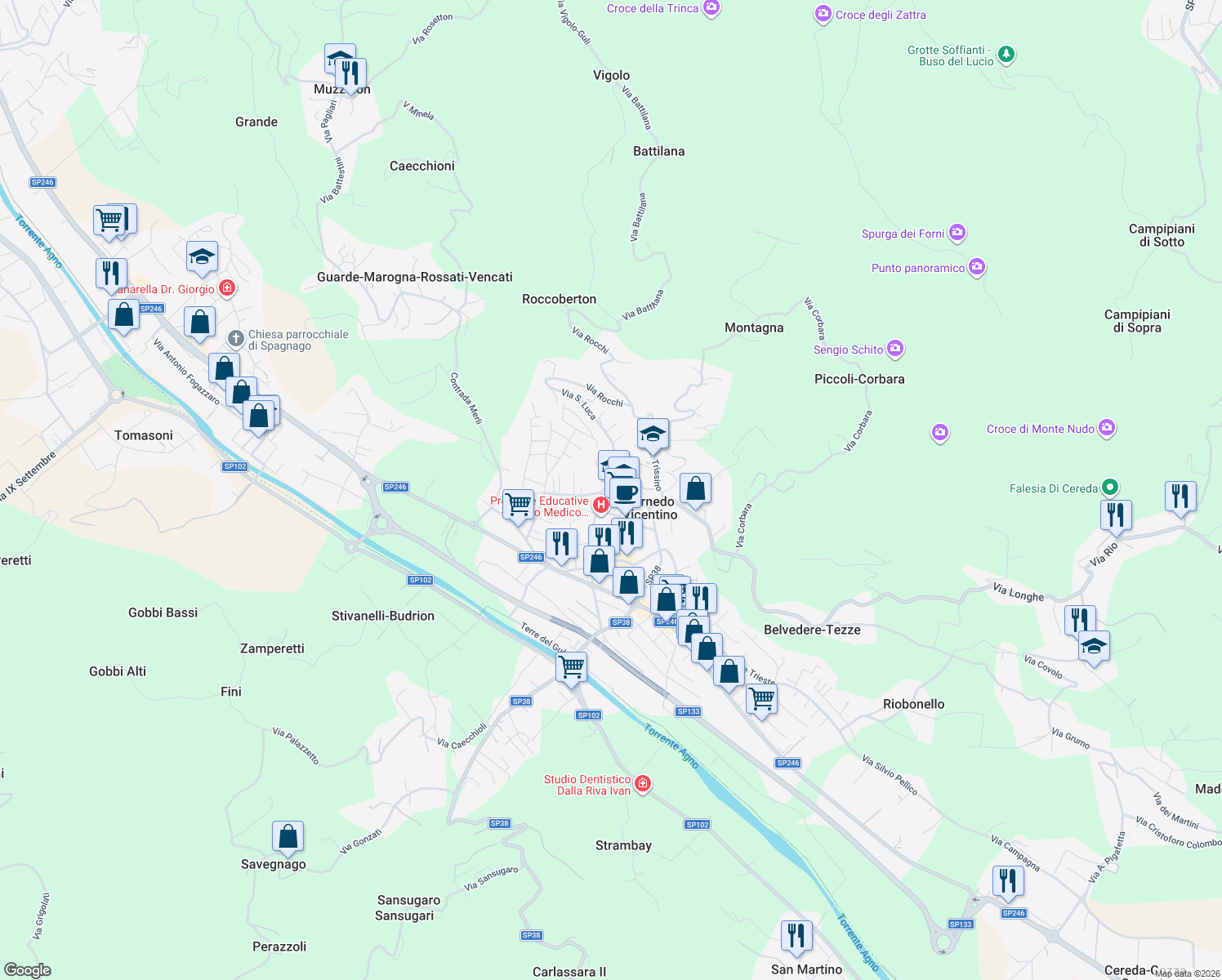 map of restaurants, bars, coffee shops, grocery stores, and more near 34 Piazza Aldo Moro in Cornedo Vicentino