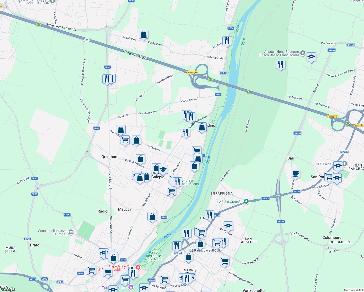map of restaurants, bars, coffee shops, grocery stores, and more near 16 Via Giotto in Castelli Calepio