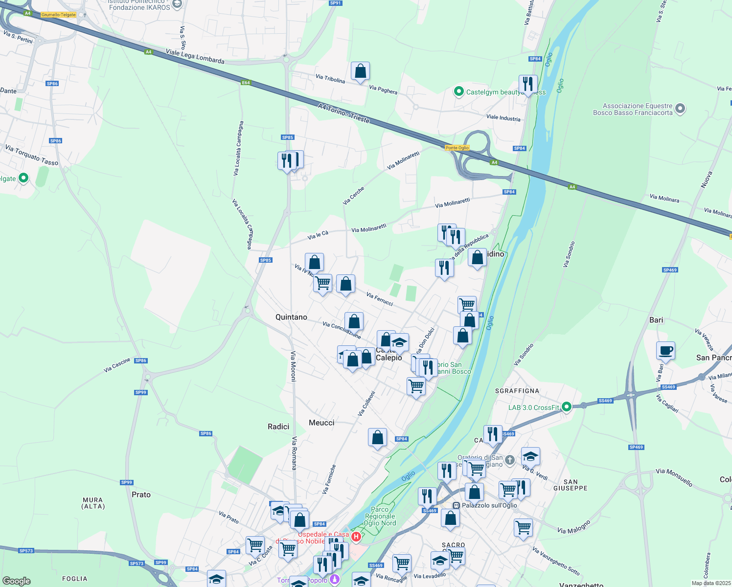 map of restaurants, bars, coffee shops, grocery stores, and more near 12 Via Ferrucci in Castelli Calepio