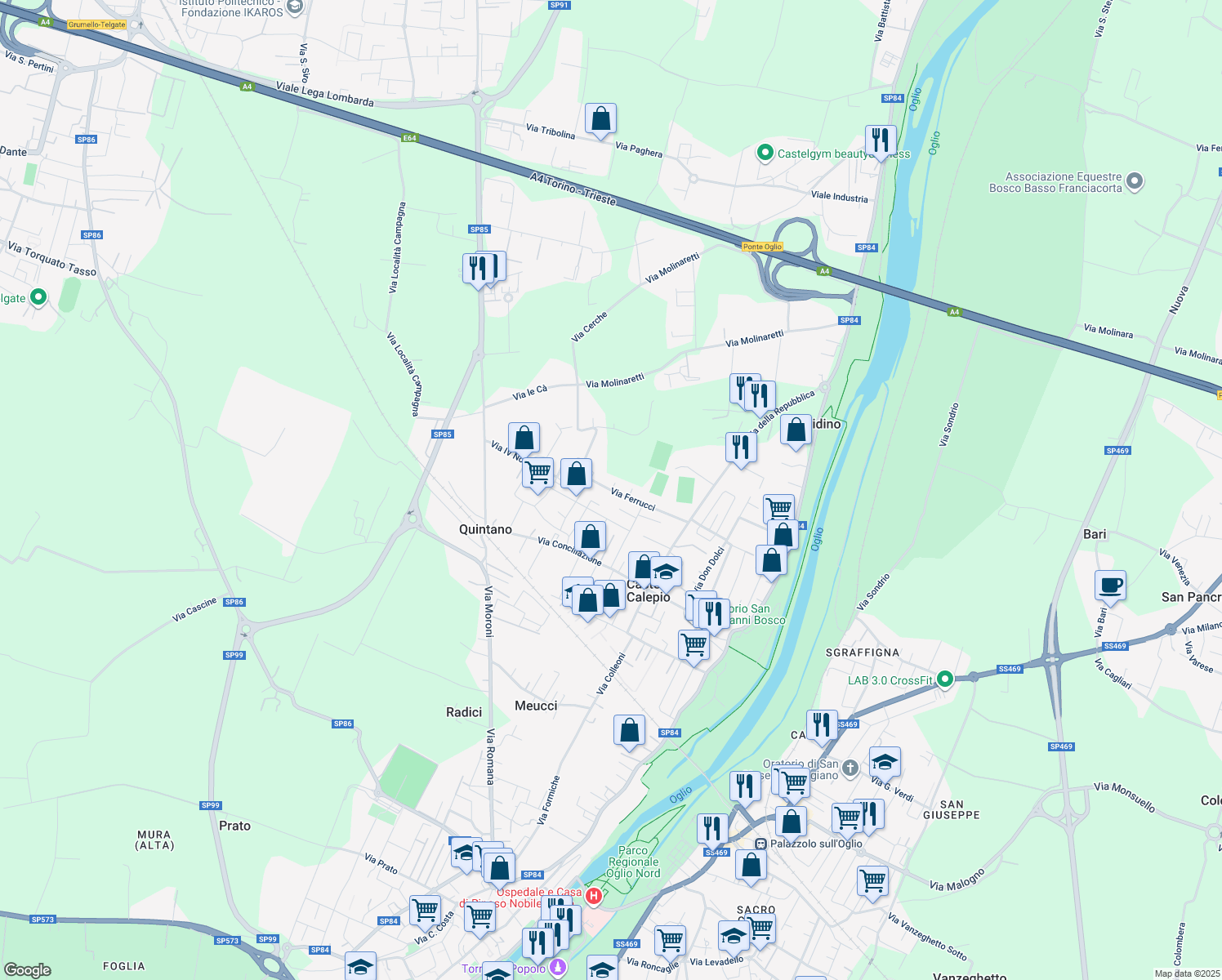 map of restaurants, bars, coffee shops, grocery stores, and more near 12 Via Ferrucci in Castelli Calepio