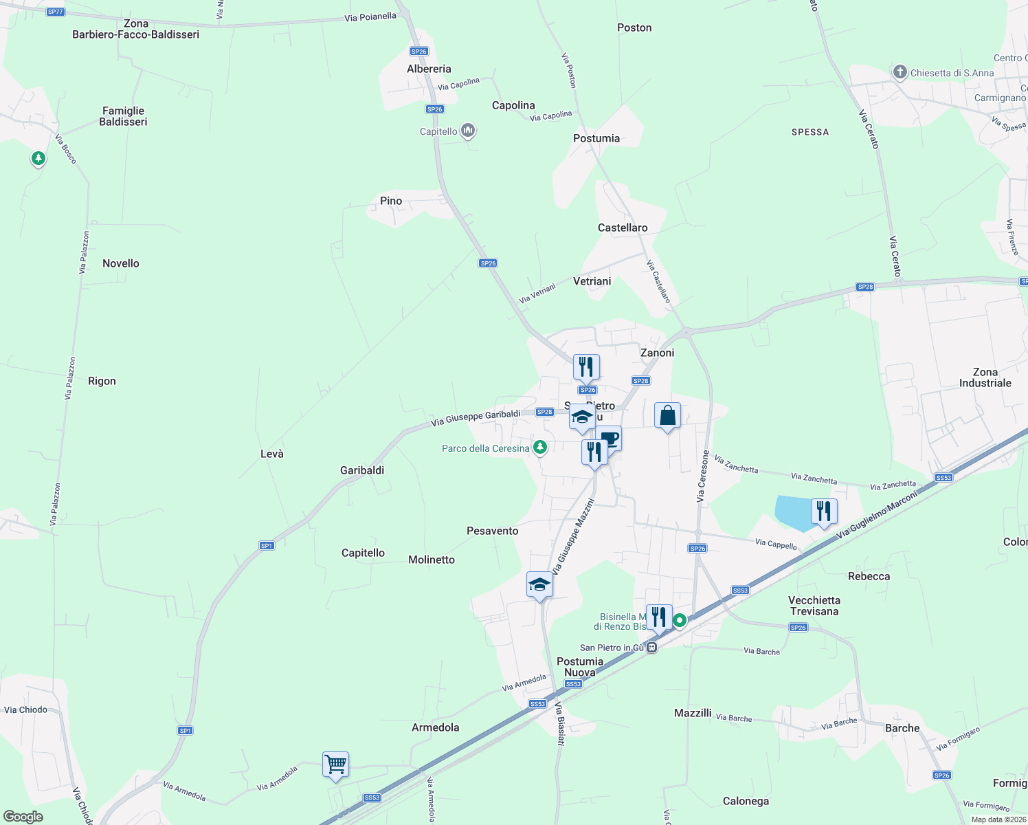 map of restaurants, bars, coffee shops, grocery stores, and more near 56 Via Giuseppe Garibaldi in San Pietro In Gu