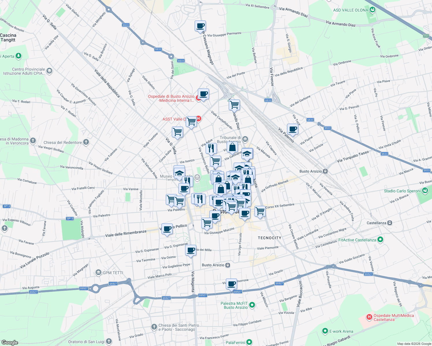 map of restaurants, bars, coffee shops, grocery stores, and more near 6 Via Mentana in Busto Arsizio