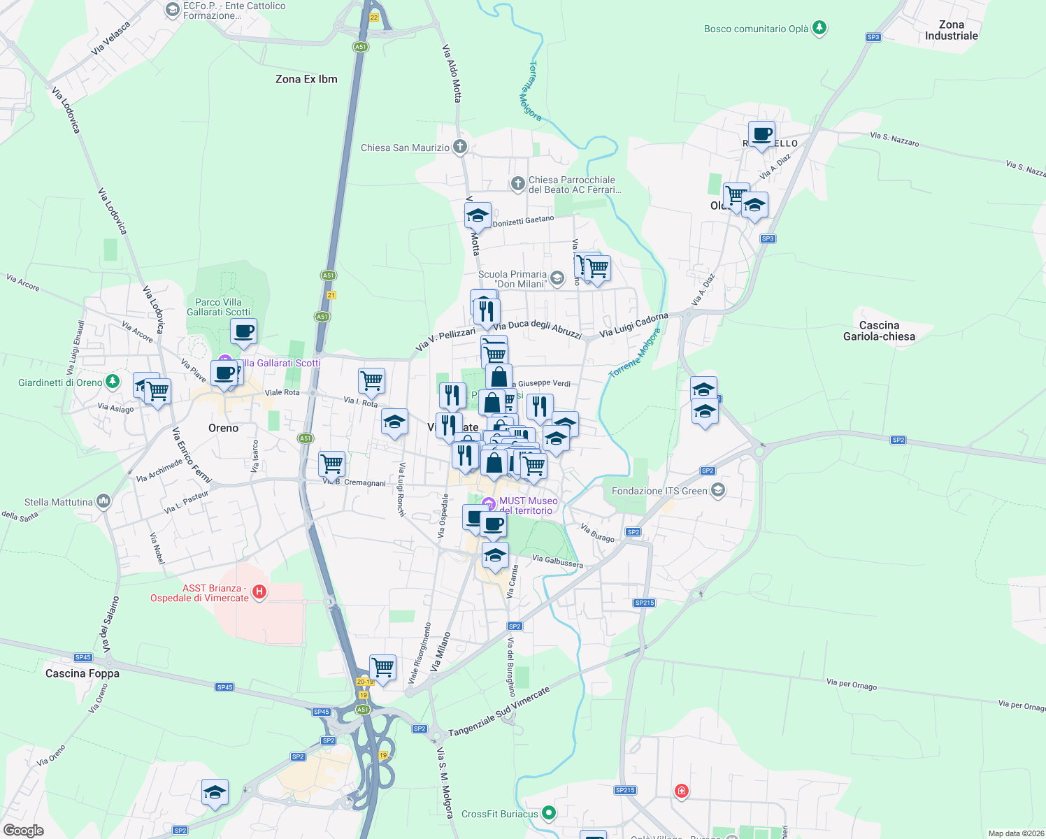 map of restaurants, bars, coffee shops, grocery stores, and more near 40A Via Mazzini Giuseppe in Vimercate