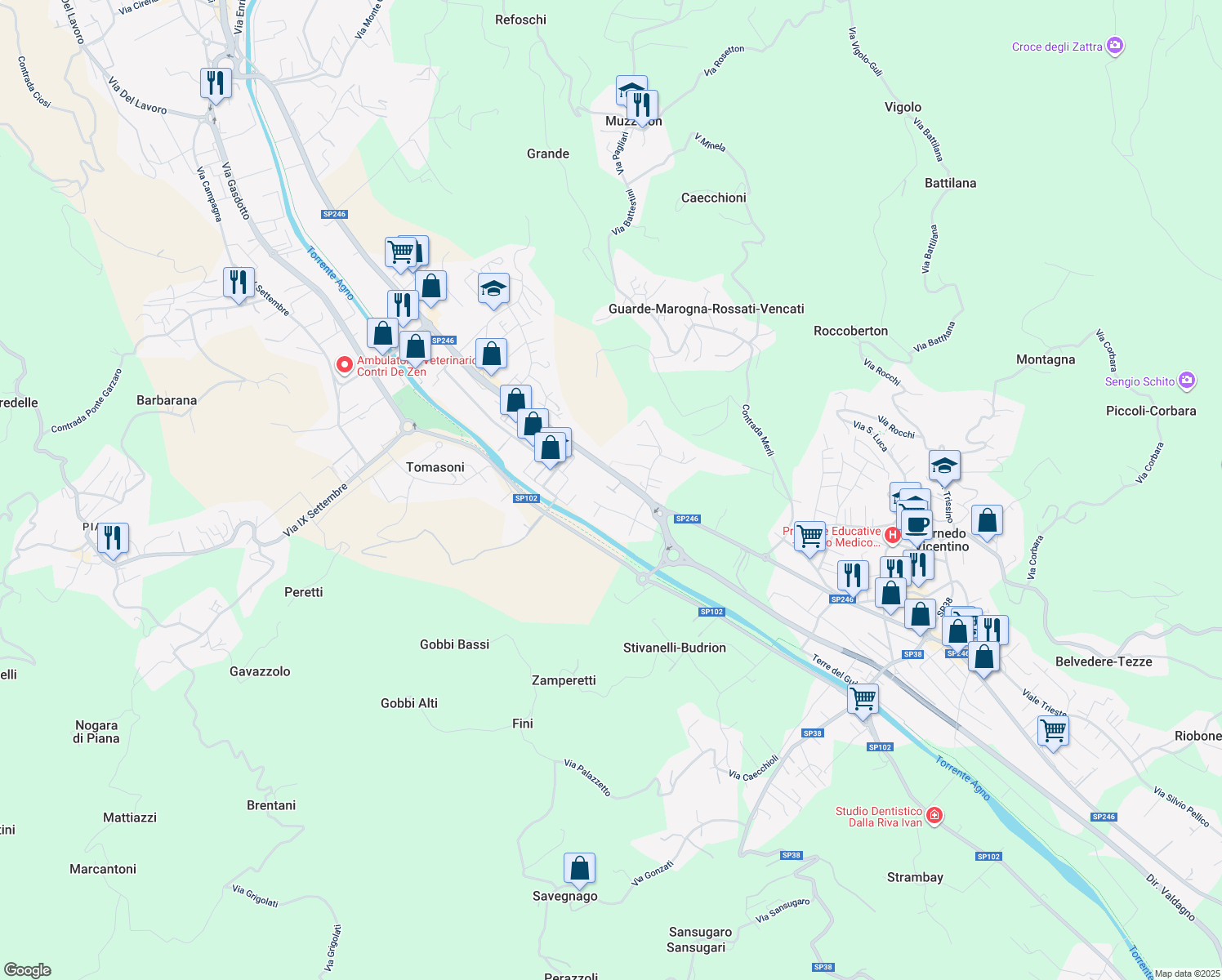 map of restaurants, bars, coffee shops, grocery stores, and more near 7 Via Monte Cimone in Cornedo Vicentino