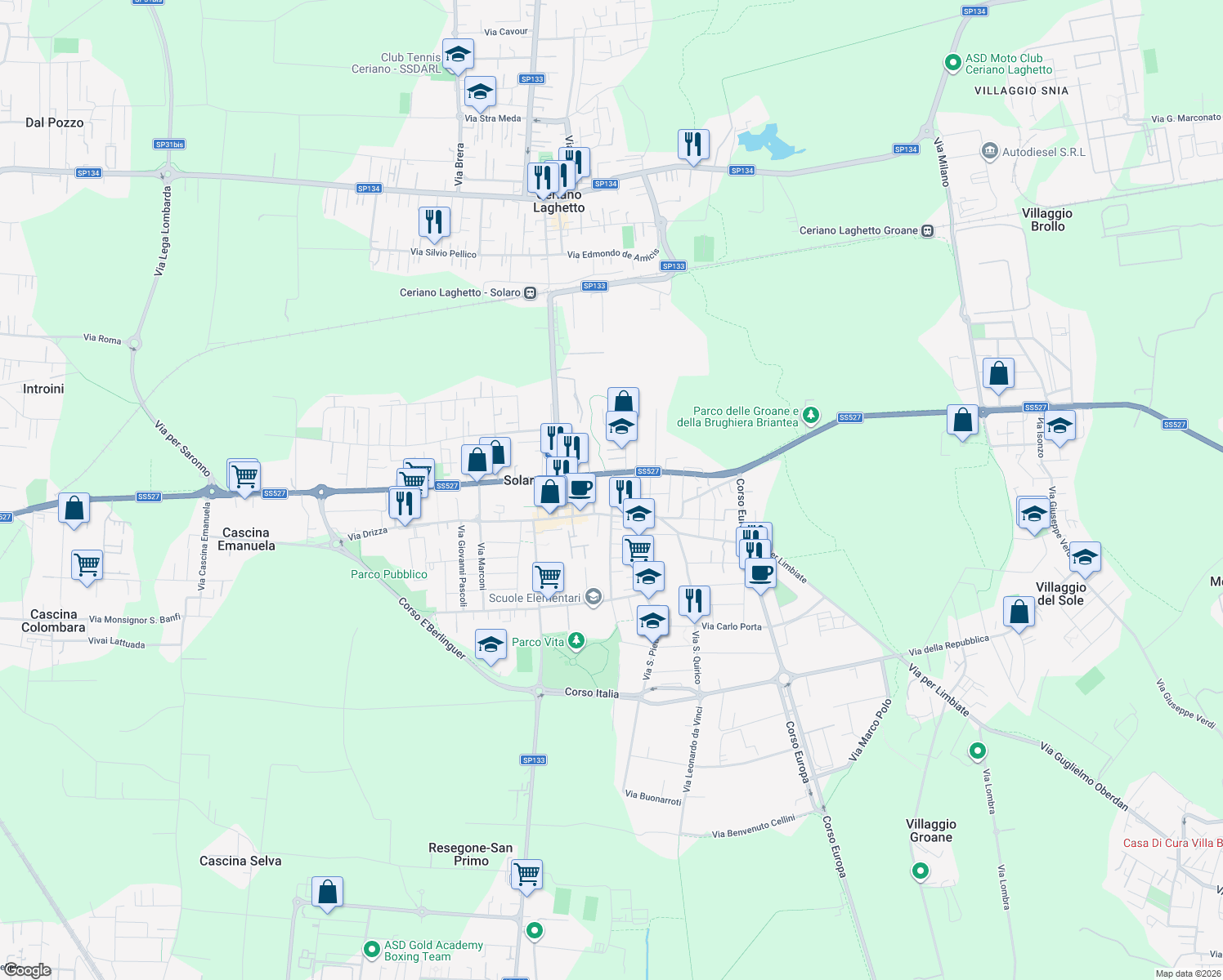 map of restaurants, bars, coffee shops, grocery stores, and more near 17 Via Colombo in Solaro