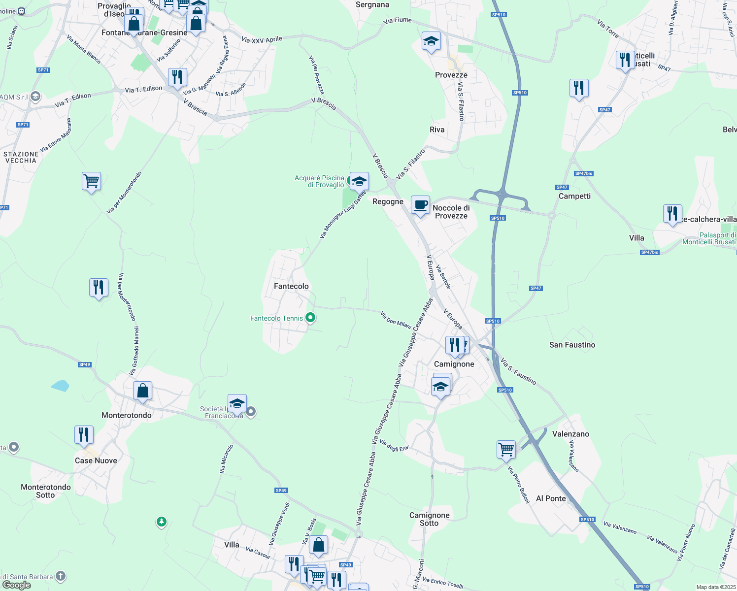 map of restaurants, bars, coffee shops, grocery stores, and more near 17 Via Don Lorenzo Milani in Provincia di Brescia