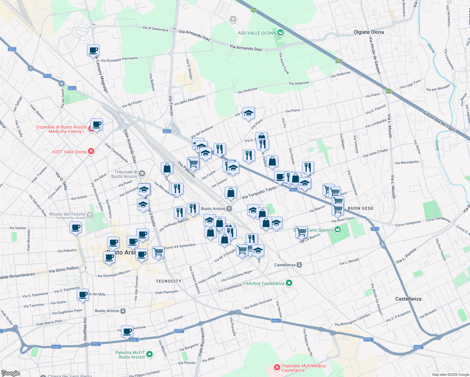 map of restaurants, bars, coffee shops, grocery stores, and more near Via Redipuglia in Busto Arsizio