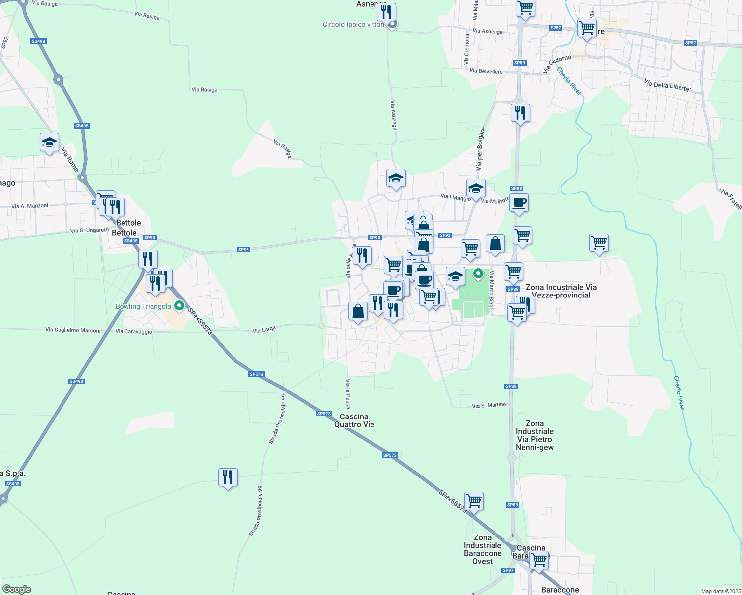 map of restaurants, bars, coffee shops, grocery stores, and more near 3A Via Giovanni Falcone in Calcinate
