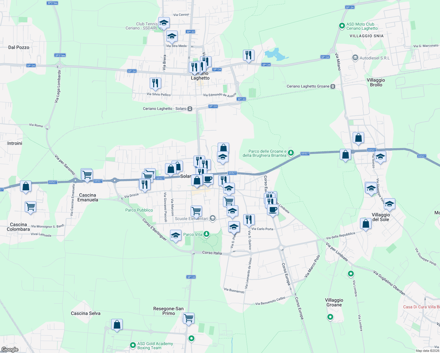 map of restaurants, bars, coffee shops, grocery stores, and more near 17 Via Colombo in Solaro