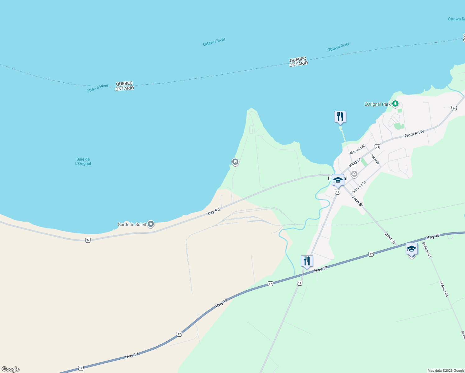 map of restaurants, bars, coffee shops, grocery stores, and more near 928 Lalonde Road in L'Orignal