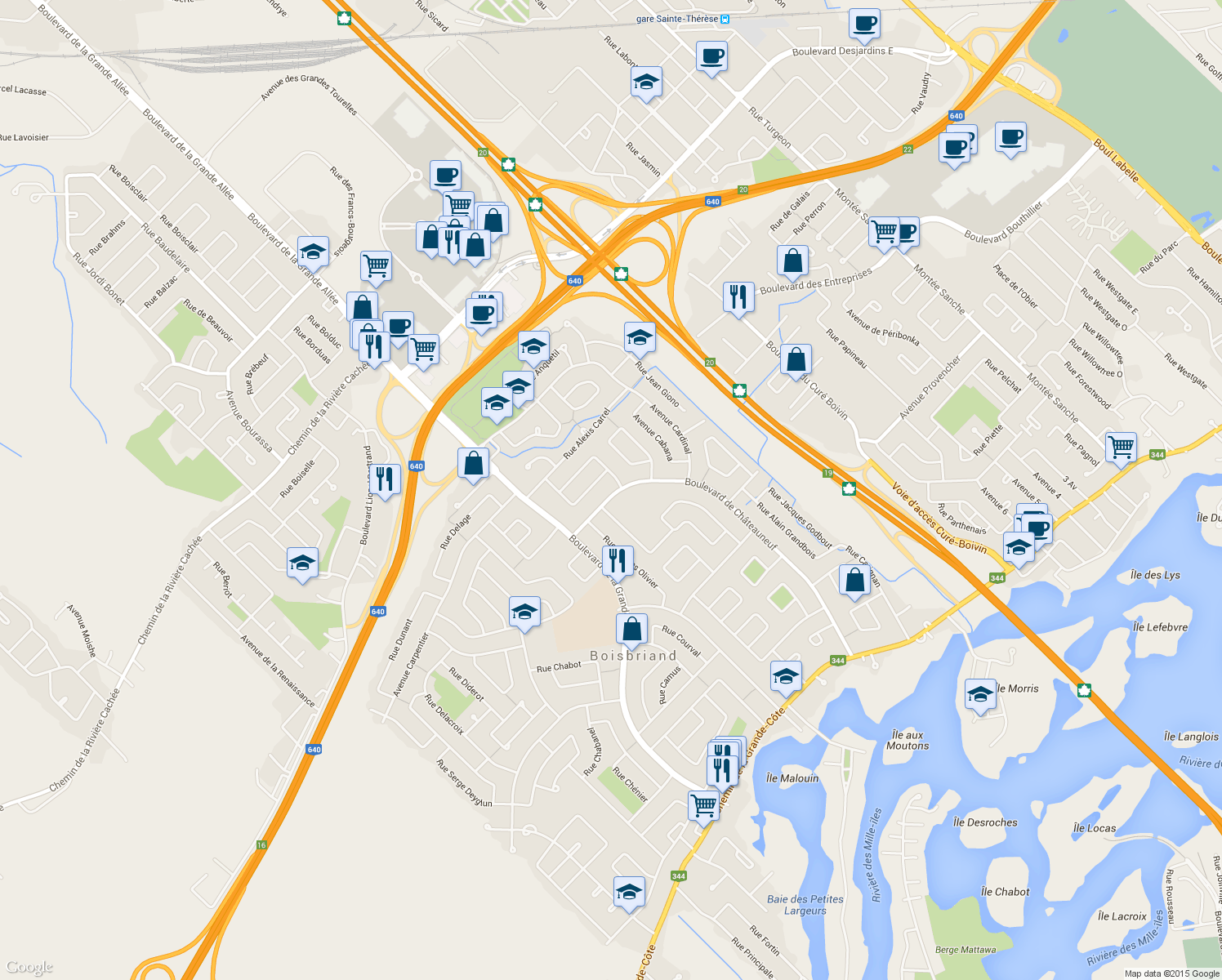 map of restaurants, bars, coffee shops, grocery stores, and more near 1054 Boulevard de Châteauneuf in Boisbriand