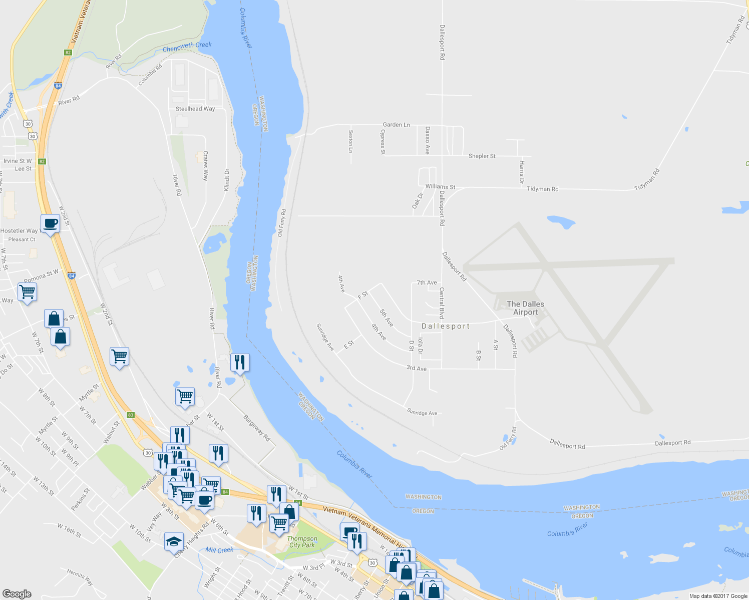 map of restaurants, bars, coffee shops, grocery stores, and more near 600 5th Avenue in Dallesport