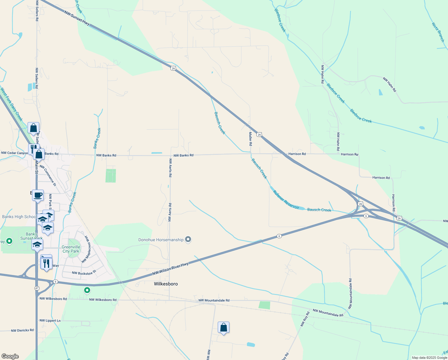 map of restaurants, bars, coffee shops, grocery stores, and more near 40020 Northwest Banks Road in Banks