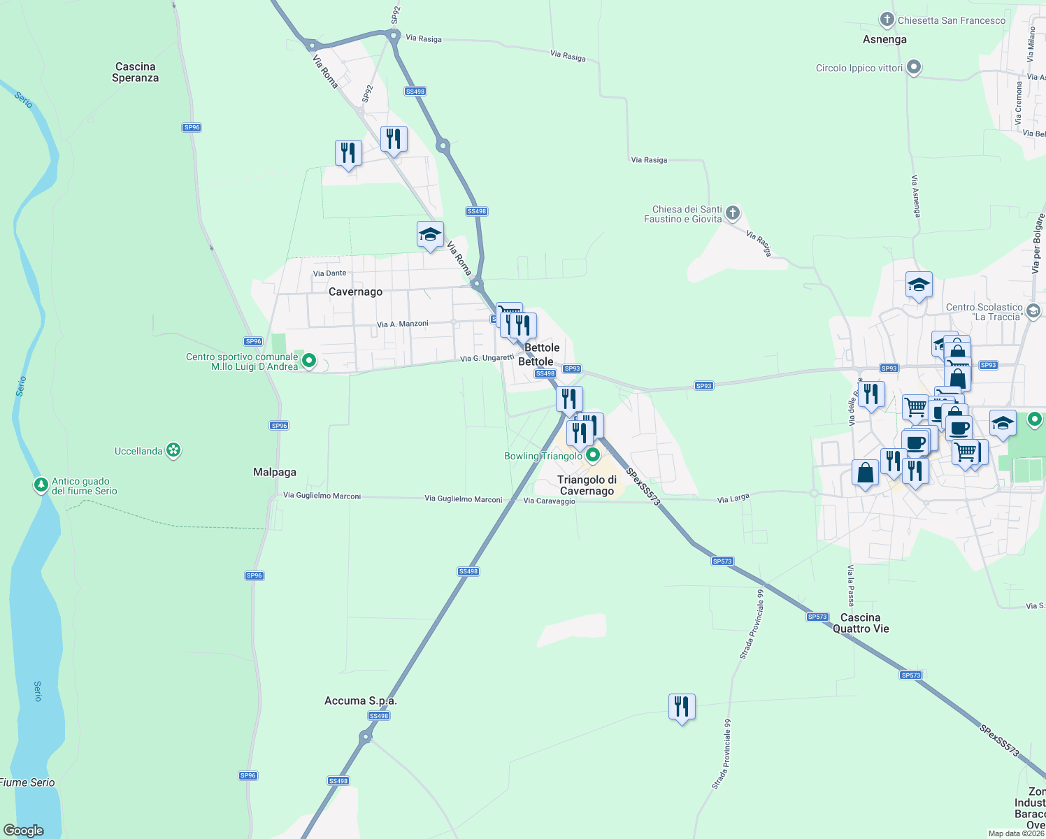 map of restaurants, bars, coffee shops, grocery stores, and more near 2 Via Roggia Borgogna in Provincia di Bergamo