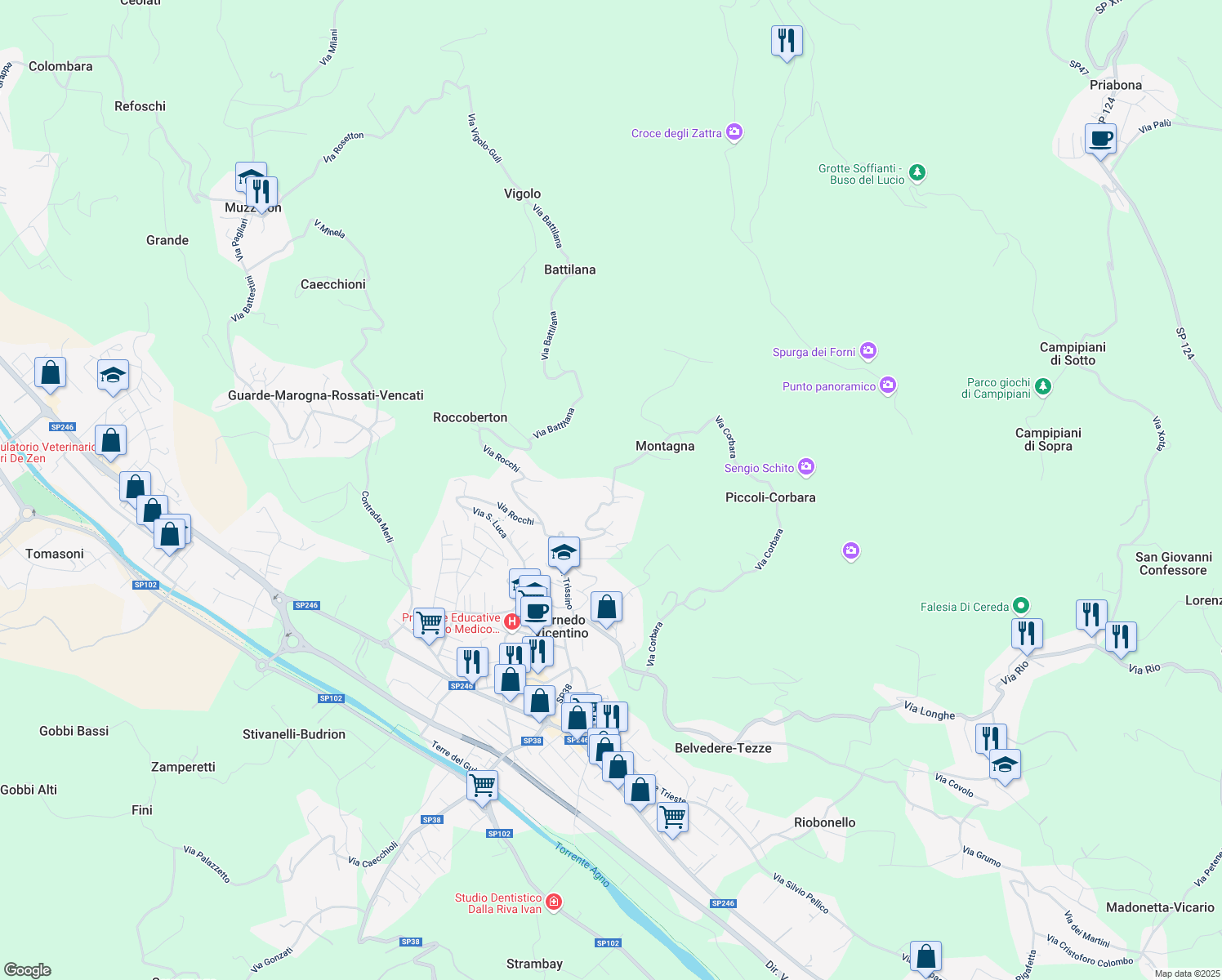 map of restaurants, bars, coffee shops, grocery stores, and more near 27 Via Tovi in Cornedo Vicentino