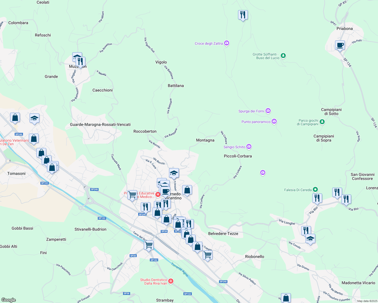map of restaurants, bars, coffee shops, grocery stores, and more near 27 Via Tovi in Cornedo Vicentino