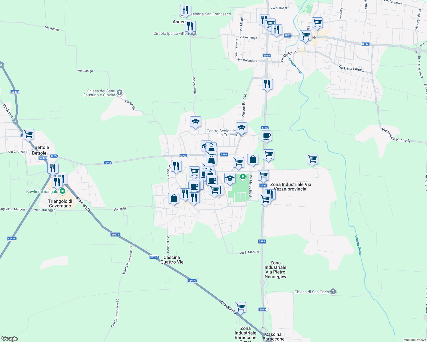 map of restaurants, bars, coffee shops, grocery stores, and more near in Calcinate
