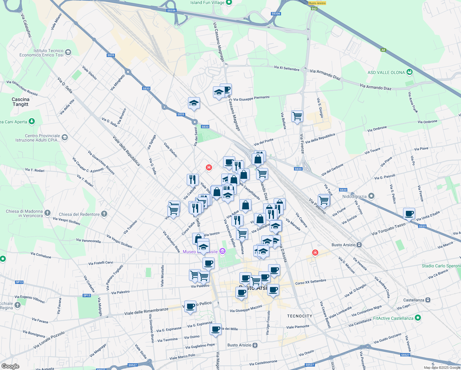 map of restaurants, bars, coffee shops, grocery stores, and more near 11 Corso Italia in Busto Arsizio