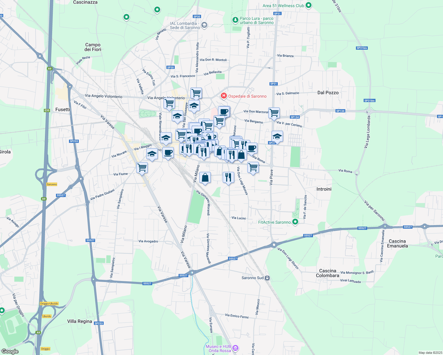map of restaurants, bars, coffee shops, grocery stores, and more near 13 Via Stampa Soncino in Saronno