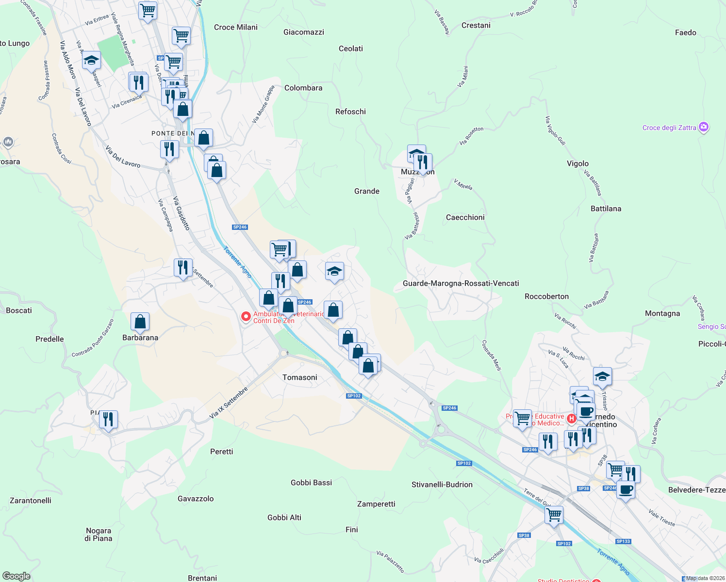 map of restaurants, bars, coffee shops, grocery stores, and more near 26 Via Giacomo Leopardi in Cornedo Vicentino