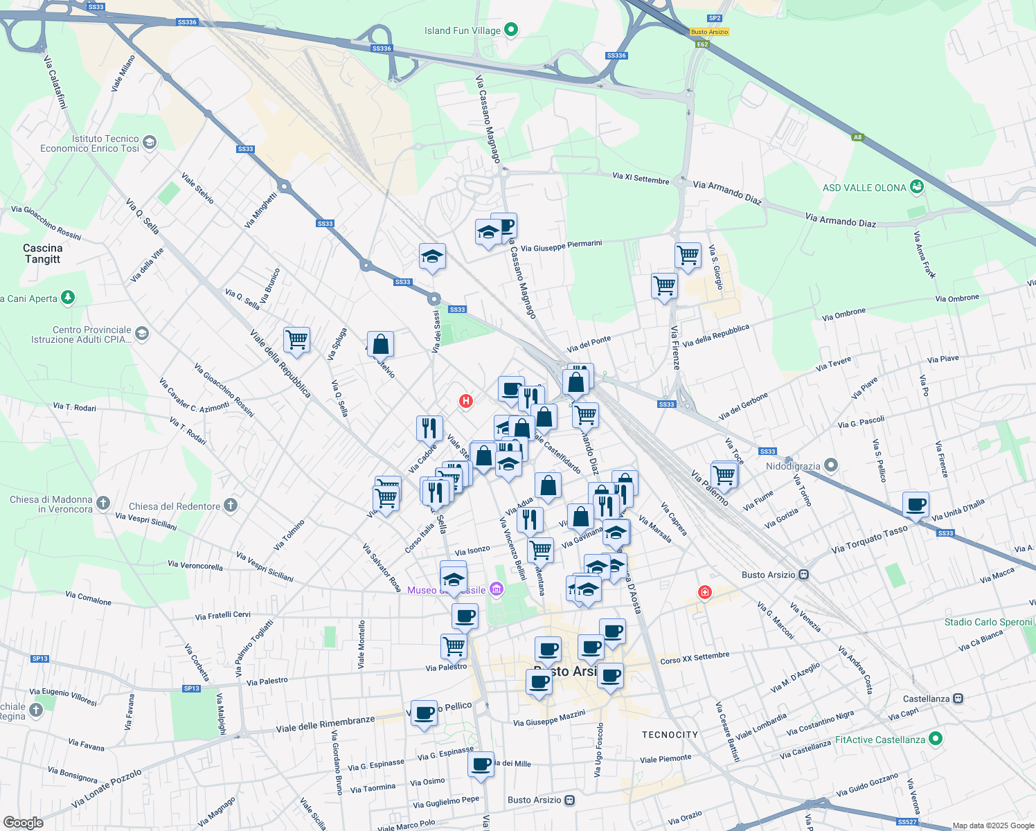 map of restaurants, bars, coffee shops, grocery stores, and more near 11 Corso Italia in Busto Arsizio