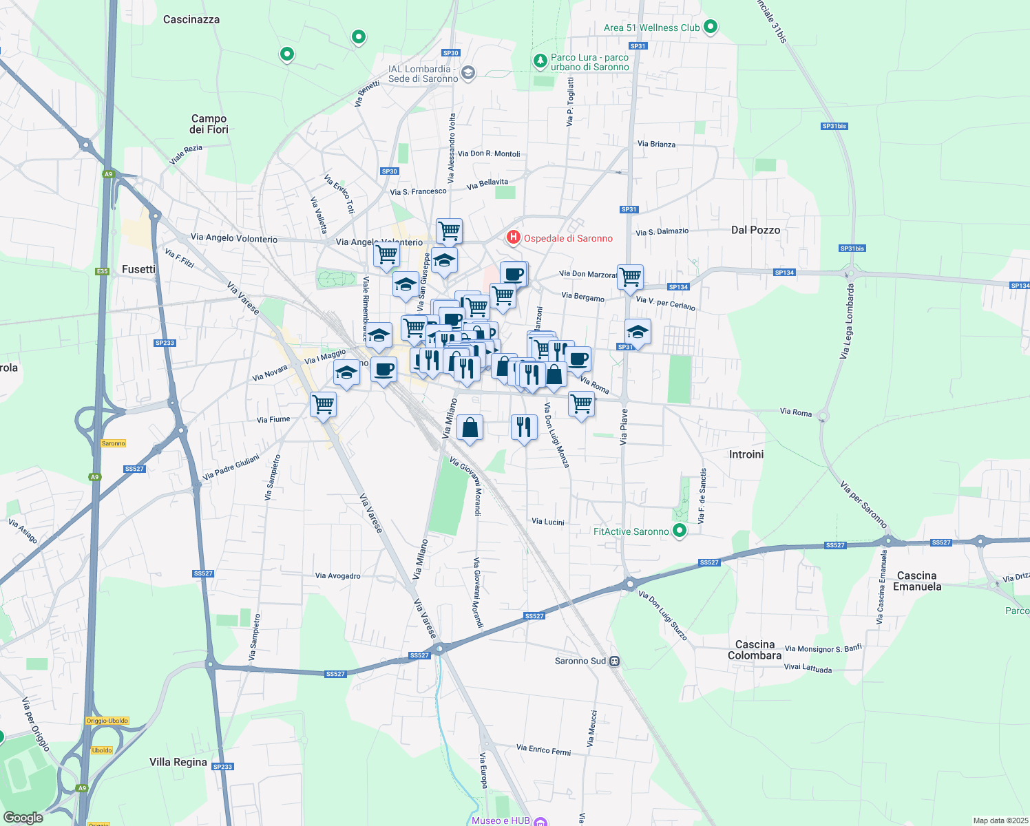 map of restaurants, bars, coffee shops, grocery stores, and more near 13 Via Stampa Soncino in Saronno