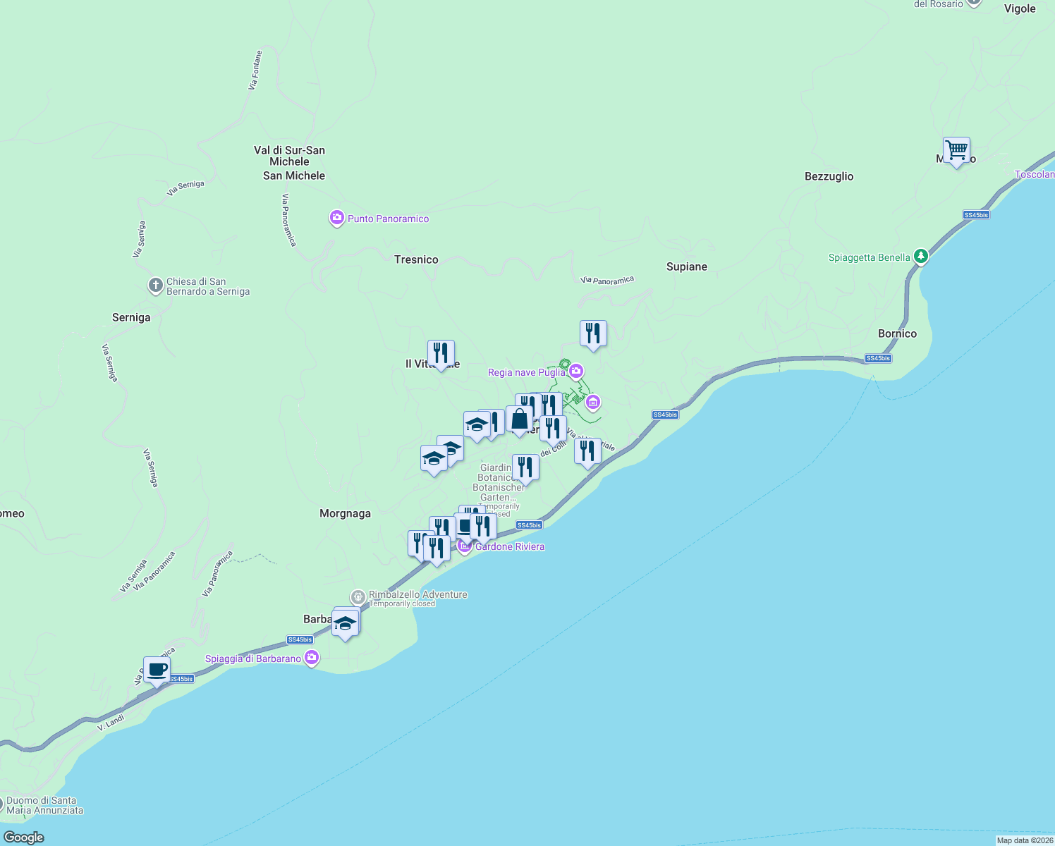 map of restaurants, bars, coffee shops, grocery stores, and more near 3 Via delle Arche in Gardone Riviera