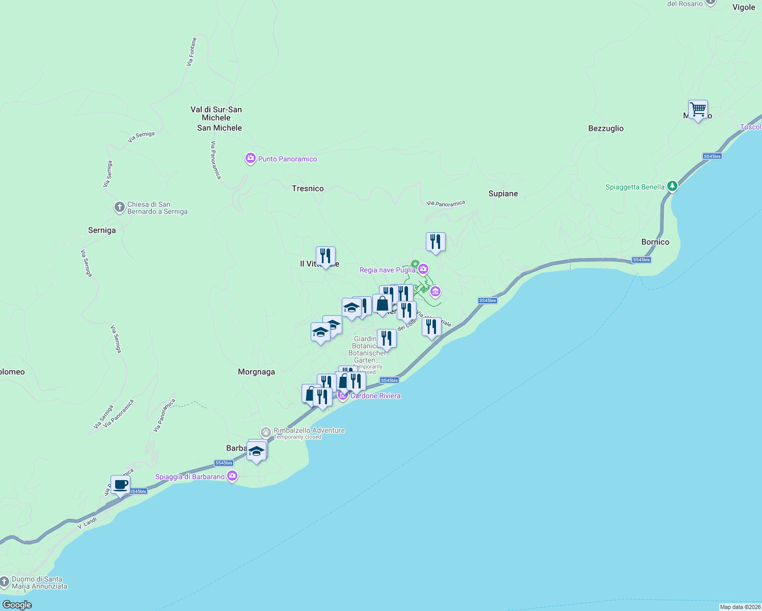 map of restaurants, bars, coffee shops, grocery stores, and more near 1-3 Via delle Arche in Gardone Riviera