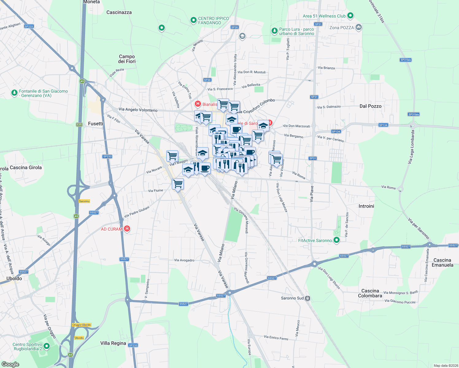 map of restaurants, bars, coffee shops, grocery stores, and more near 31 Via Milano in Saronno