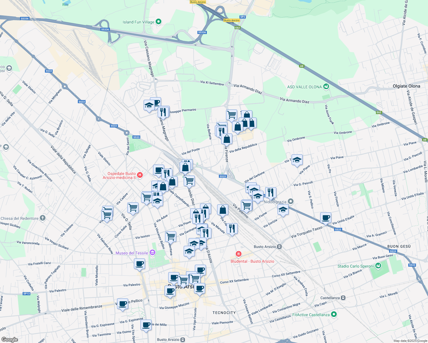 map of restaurants, bars, coffee shops, grocery stores, and more near 68 Strada Statale 33 in Busto Arsizio