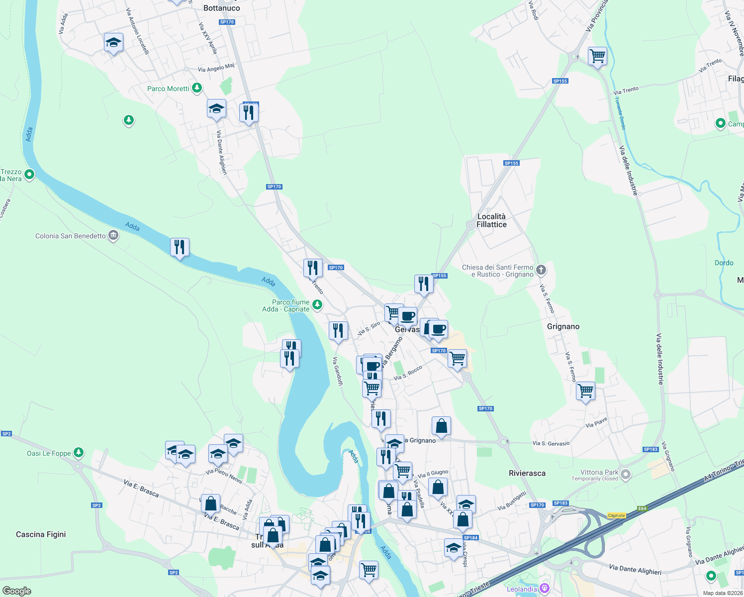 map of restaurants, bars, coffee shops, grocery stores, and more near 2B Via San Gabriele in Capriate San Gervasio