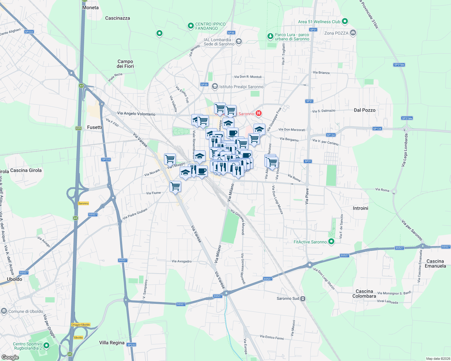 map of restaurants, bars, coffee shops, grocery stores, and more near 31 Via Milano in Saronno
