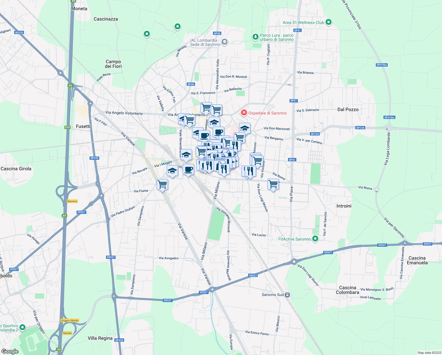 map of restaurants, bars, coffee shops, grocery stores, and more near in Saronno