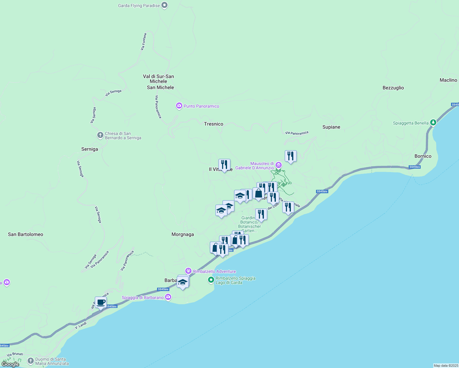 map of restaurants, bars, coffee shops, grocery stores, and more near 35 Via Dosso in Gardone Riviera