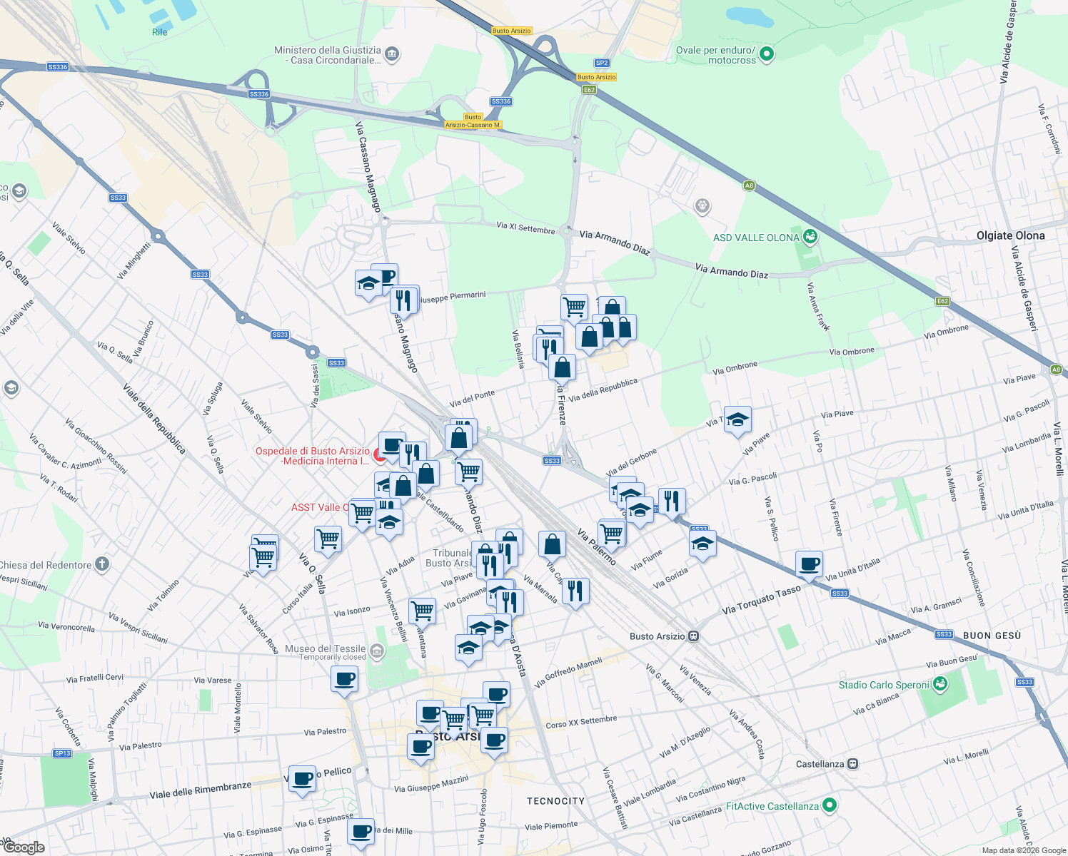 map of restaurants, bars, coffee shops, grocery stores, and more near 68 Strada Statale 33 in Busto Arsizio