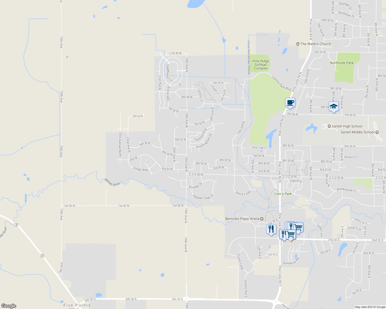 map of restaurants, bars, coffee shops, grocery stores, and more near 404 Dukes Court in Sartell