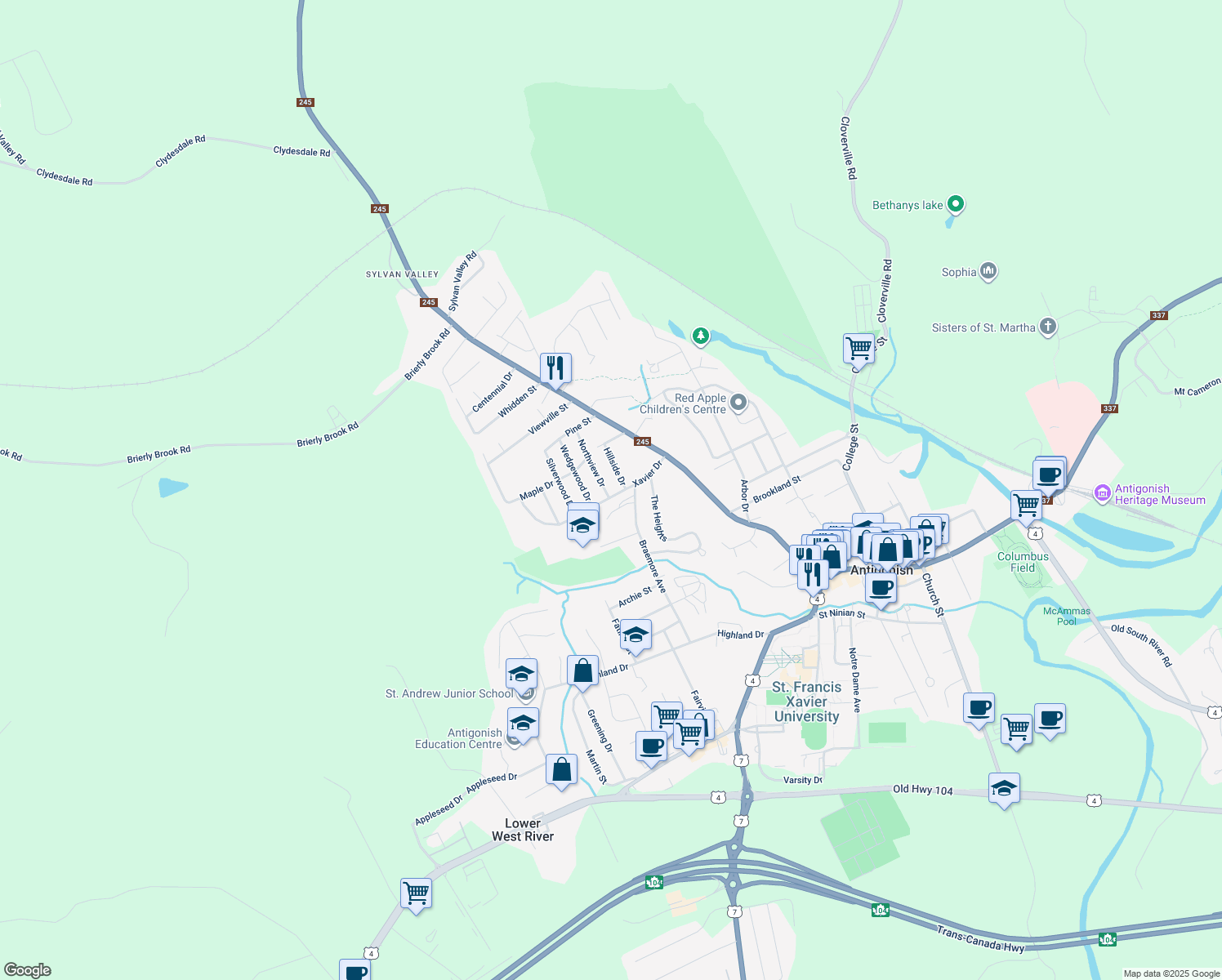 map of restaurants, bars, coffee shops, grocery stores, and more near 22 Xavier Drive in Antigonish