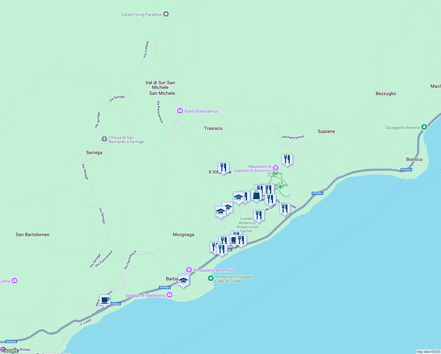 map of restaurants, bars, coffee shops, grocery stores, and more near 35 Via Dosso in Gardone Riviera