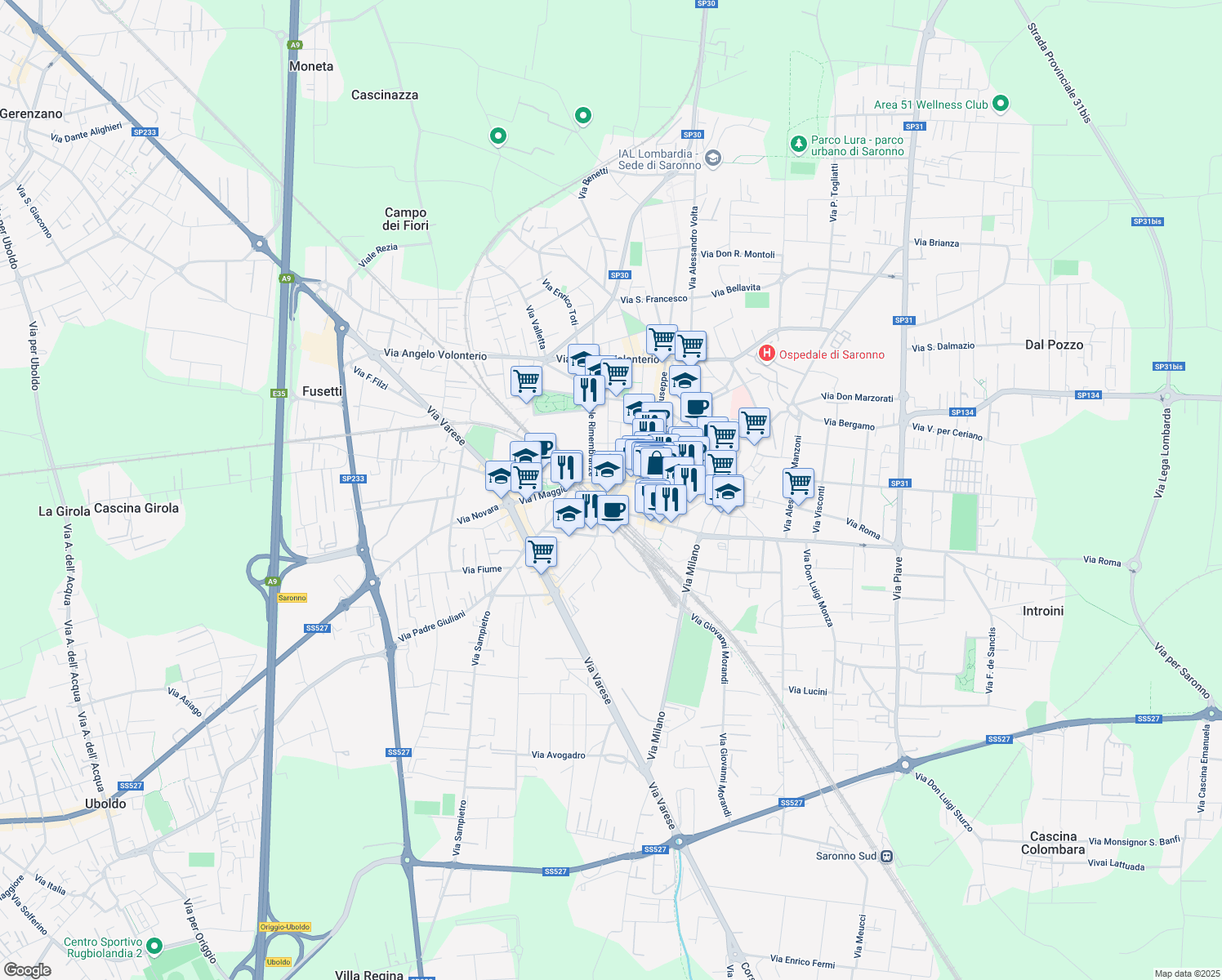 map of restaurants, bars, coffee shops, grocery stores, and more near 10 Piazza L. Cadorna in Saronno