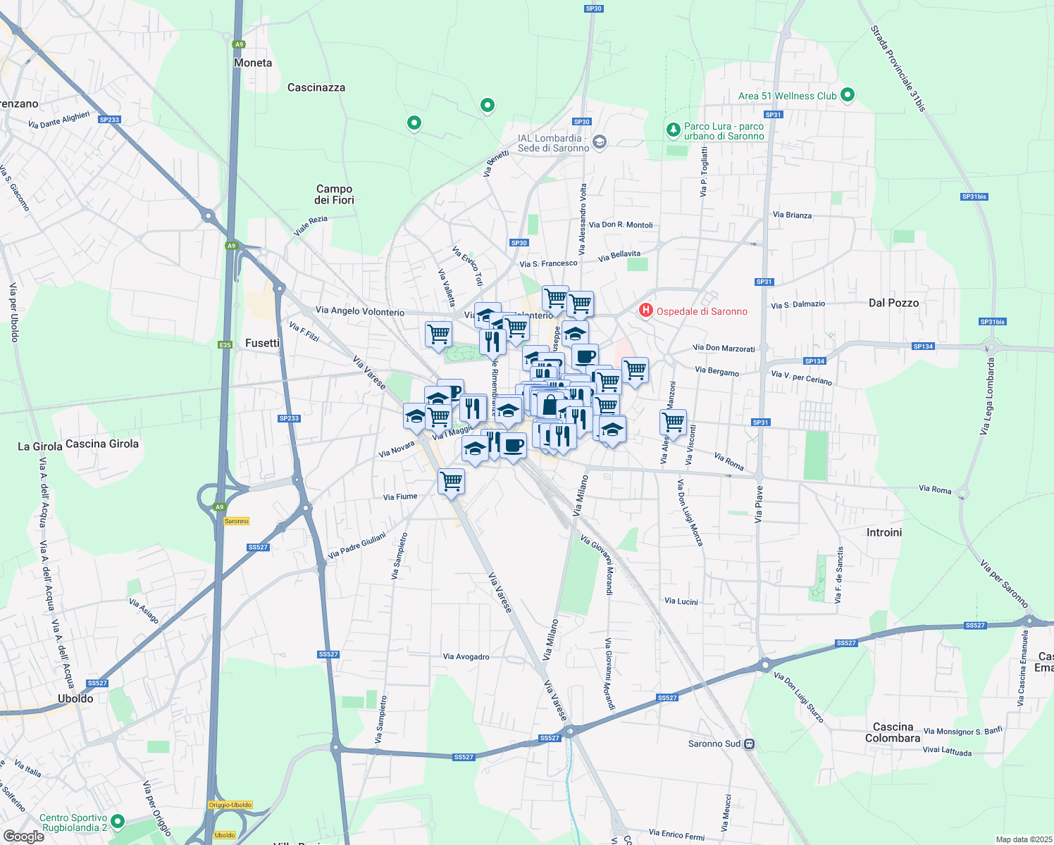 map of restaurants, bars, coffee shops, grocery stores, and more near 10 Piazzale Cadorna in Saronno
