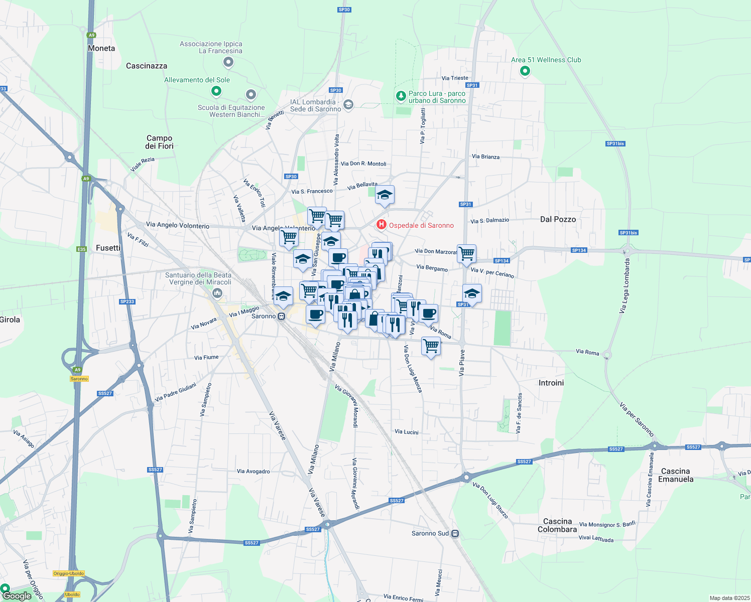 map of restaurants, bars, coffee shops, grocery stores, and more near 16 Via Roma in Saronno