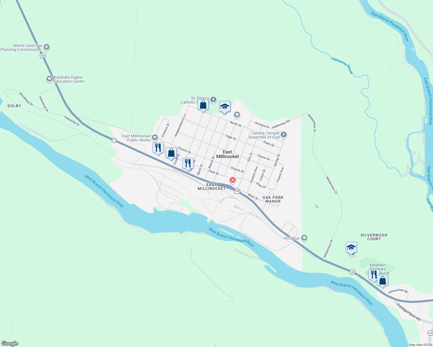 map of restaurants, bars, coffee shops, grocery stores, and more near Park Street in East Millinocket