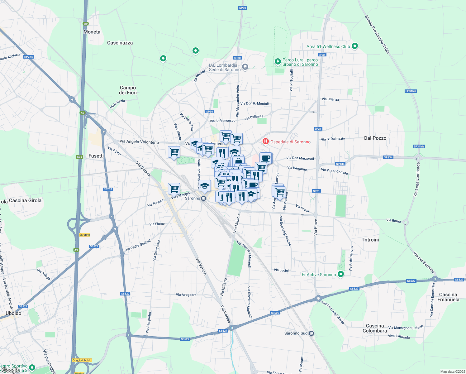 map of restaurants, bars, coffee shops, grocery stores, and more near Vicolo del Lino in Saronno