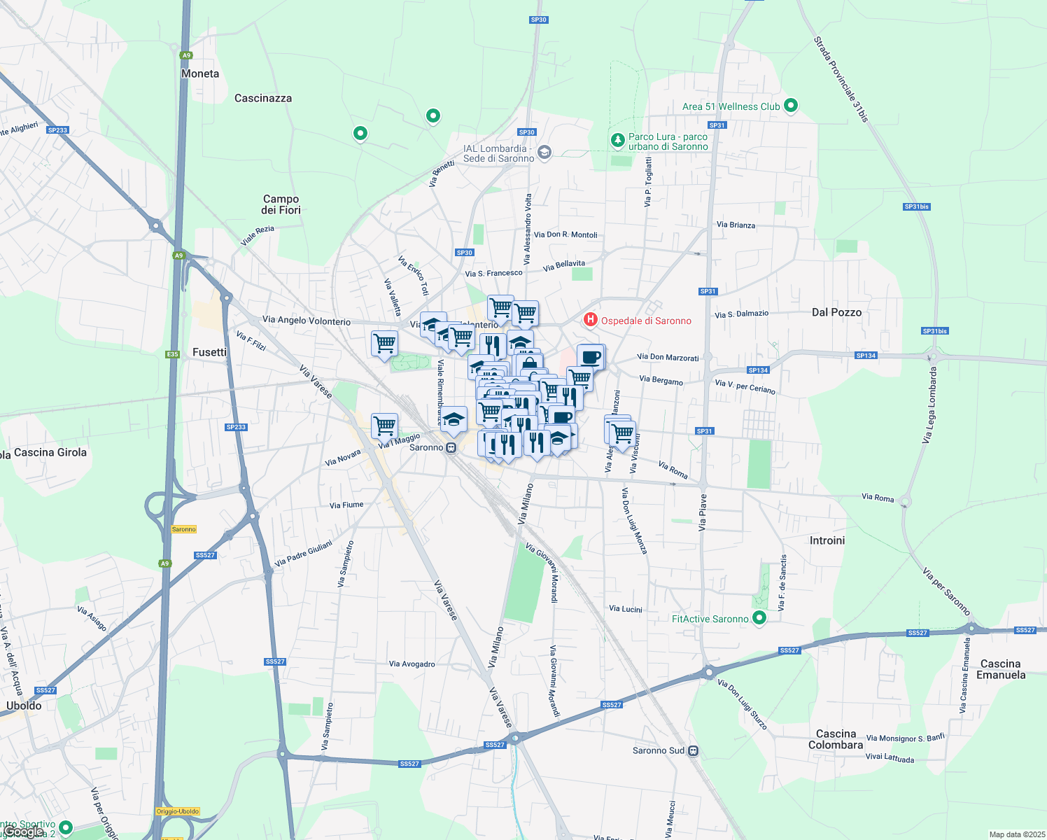map of restaurants, bars, coffee shops, grocery stores, and more near Vicolo Lino in Saronno