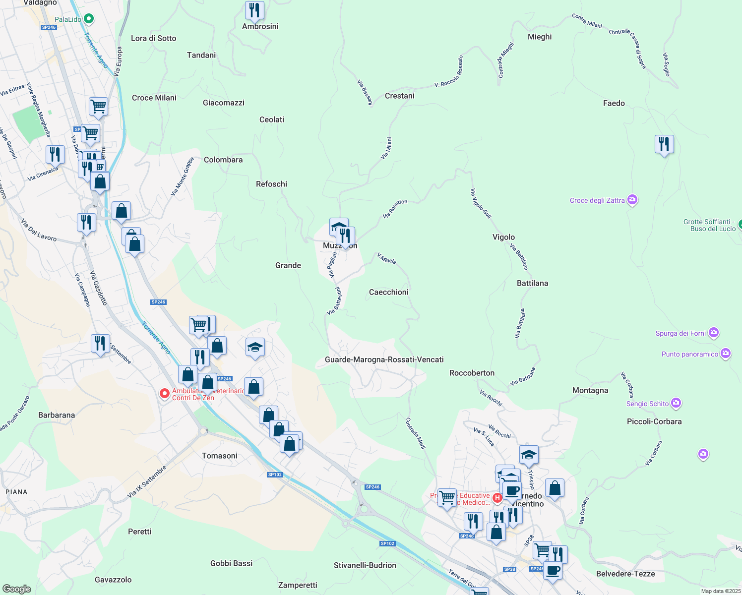 map of restaurants, bars, coffee shops, grocery stores, and more near 9 Via Caecchioni in Provincia di Vicenza