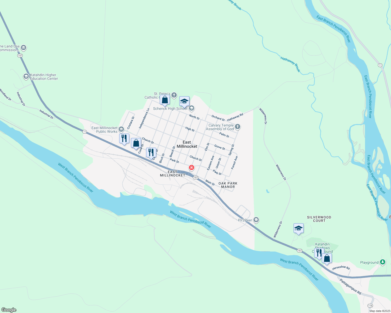 map of restaurants, bars, coffee shops, grocery stores, and more near 15 Spruce Street in East Millinocket